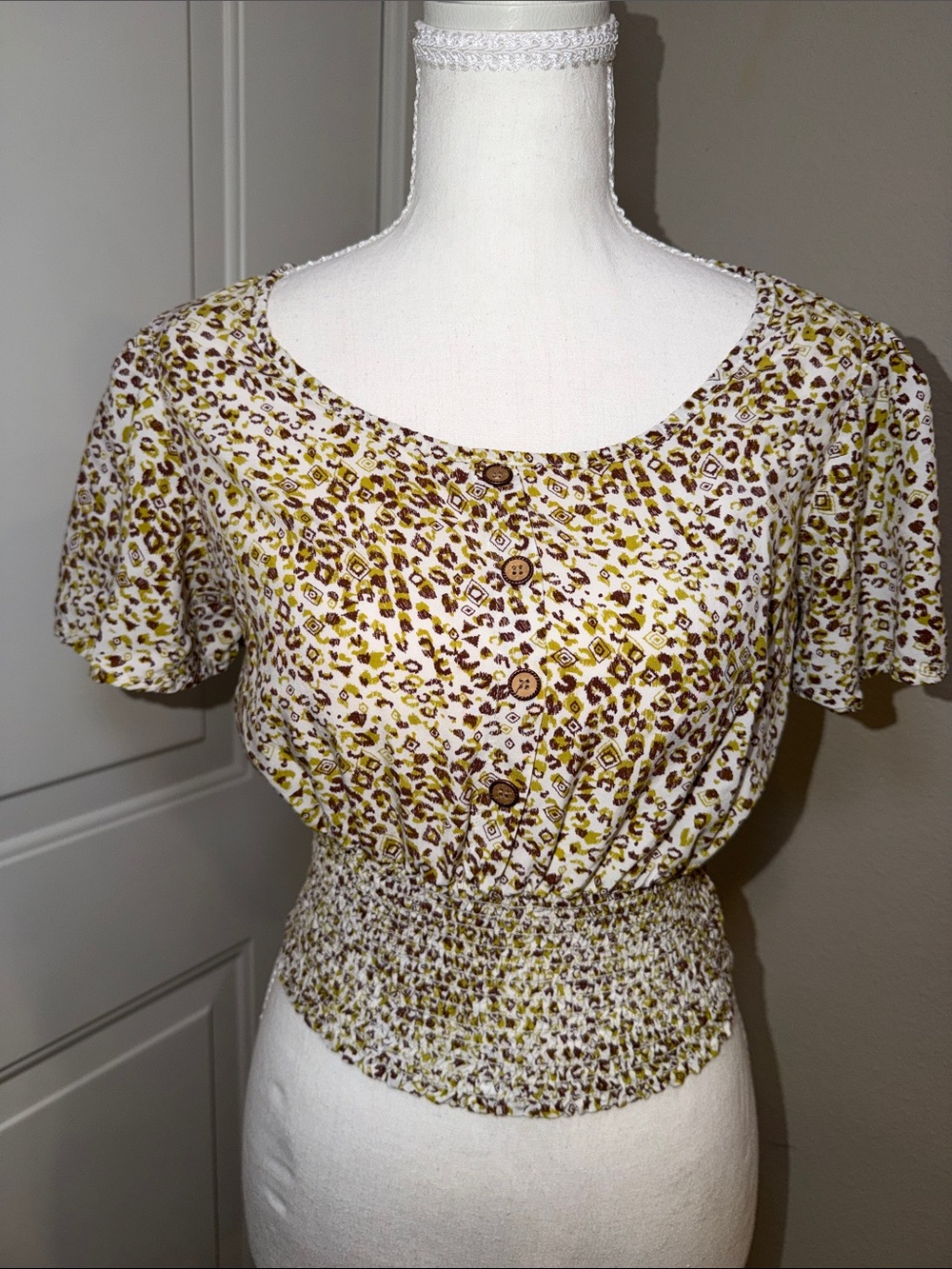 Smocked Waist Crop Top in Olive and brown